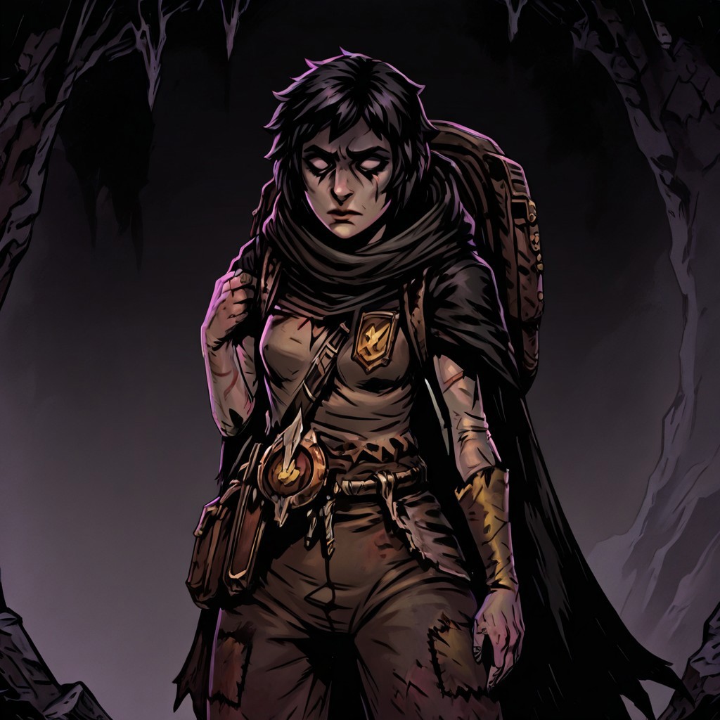 masterpiece, best quality, newest, absurdres, highres,  
d-rex, d-rex style, TTCSV1.0
DDstyle, official style, black eyes, shaded eyes, 1girl,  DDRAW-V1.0, cape, black hair, short hair, small breasts, backpack, rags