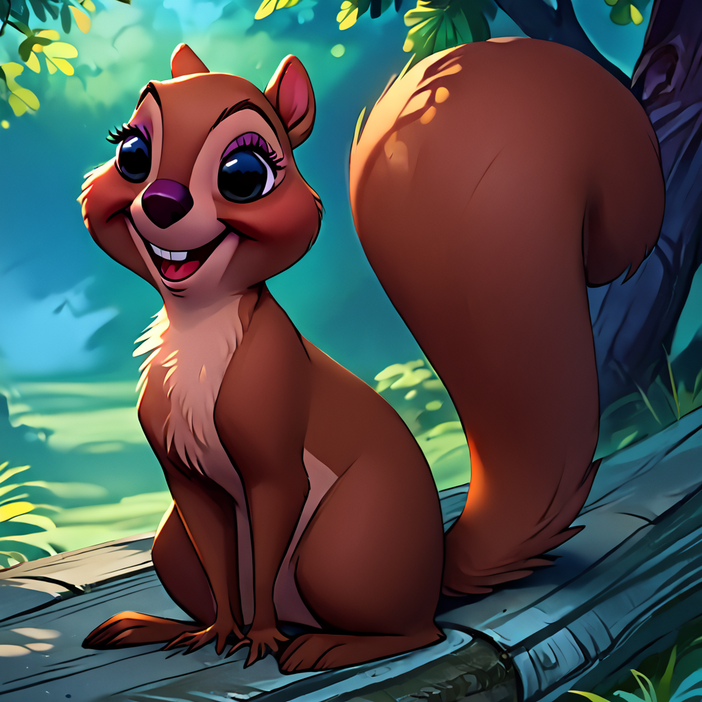 (ultra realistic, 32k, masterpiece:1.2), (high quality:1.1), score_9, score_8_up, score_7_up, score_6_up, score_5_up, source_furry, source_cartoon, outdoors, <lora:RealisticAnime:0.9>, BREAK, <lora:Girl_Squirrel_Hazel_the_Sword_in_the_Stone_Pony-000010:1>, hazel_\(sits\), tree squirrel, 1girl, feral, tail, solo, happy, full body