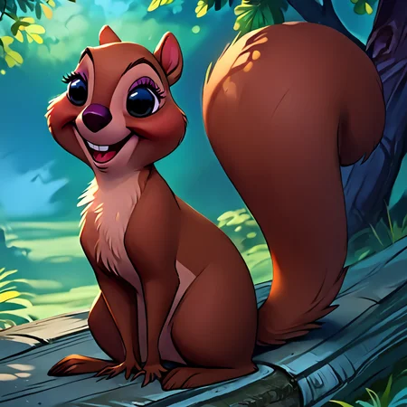 (ultra realistic, 32k, masterpiece:1.2), (high quality:1.1), score_9, score_8_up, score_7_up, score_6_up, score_5_up, source_furry, source_cartoon, outdoors, <lora:RealisticAnime:0.9>, BREAK, <lora:Girl_Squirrel_Hazel_the_Sword_in_the_Stone_Pony-000010:1>, hazel_\(sits\), tree squirrel, 1girl, feral, tail, solo, happy, full body