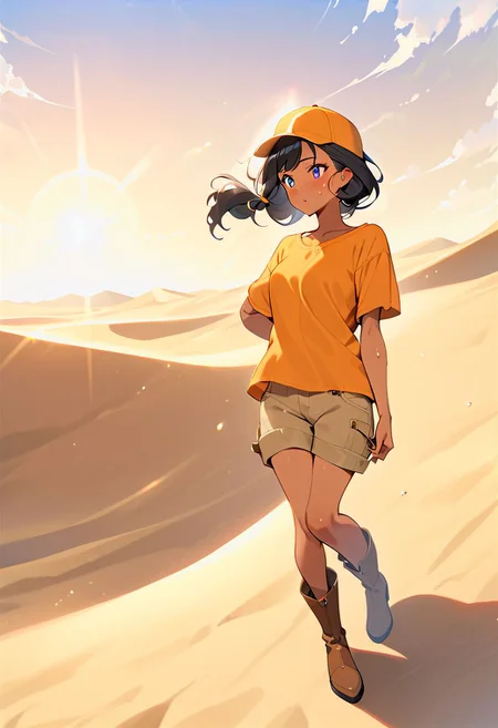 <lora:more_details:1>, drawn by master artist, tan skin, beautiful detailed skin, beautiful eyes, best quality, high quality, vivid colors, everything in sharp focus, very long black hair, dark blue eyes, full body,
Shading eyes with hand, outdoors, loose orange tshirt, (brown shorts), orange and white baseball cap, brown boots, sweat, dolly shot, medium breasts, sandy desert, large sand dunes, lens flare, bright sun, hair blowing in wind, sand blowing in wind