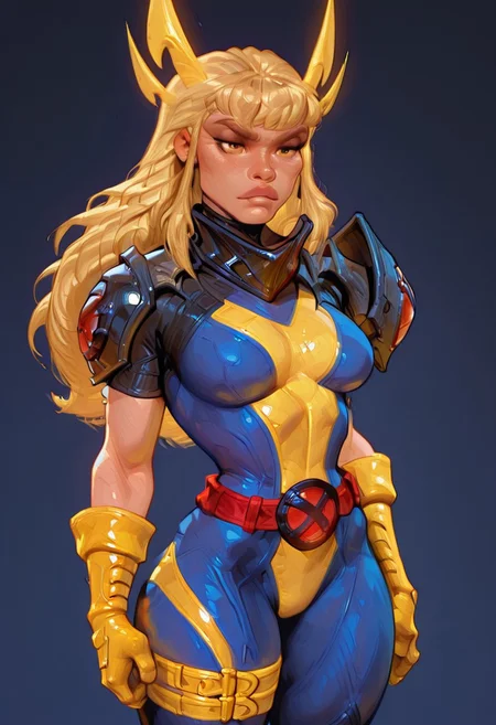 1girl, masterpiece, standing, beautiful face, strong jaw, cute face,  Magik, Retro XMen Uniform, blue uniform with yellow elements, yellow headwear, blonde hair, long hair, orange eyes, black pauldron, red belt, yellow gloves, yellow boots, yellow leg belt, Illyanna Rasputin, marvel rivals,