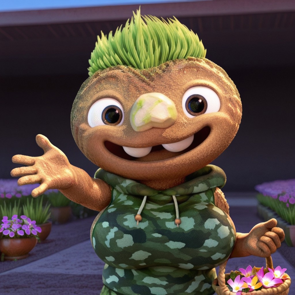 8k, masterpiece, best quality, highly detailed, realistic, 1girl, solo, ClodEM, male humanoid, elemental creature, earth elemental, green hair, grass hair, short hair, brown eyes, black pupils, stone nose, brown body, short male, huge breasts, voluptuous, (camo hoodie vest, white drawstrings), mature female, (open mouth, smile) wide eyes, white teeth, (looking at viewer), standing, upper body, flower garden, grass, sunny, outdoors, (front view), detailed background, ((5 fingers)), holding basket, flower basket, inviting, reaching out,  blue sky