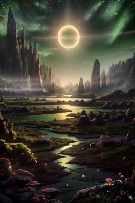 masterpiece, best quality, Rocky mountains stretch upwards in thin peaks into the greenish sky of an alien planet, at the foot of the mountains greenish snow is visible, in the foreground there is a small lake with muddy water, above the lake there is a light greenish haze. A gas giant planet is visible in the sky, Matte painting, artstation, 4k, high resolution, (masterpiece:1.2), best quality
