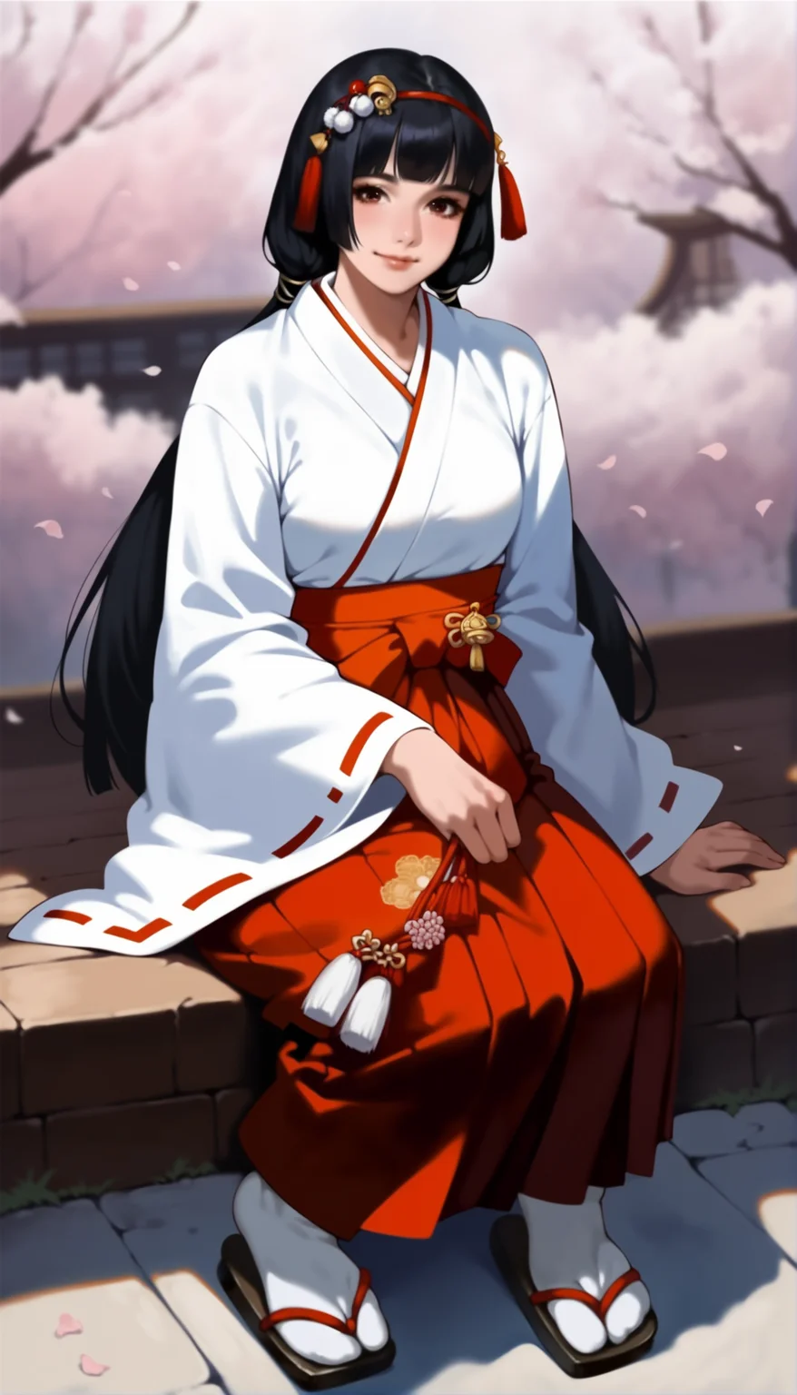 score_9,score_8_up,score_7_up,
<lora:naotoraii:1>,naotora ii,realistic,1girl,solo,
black hair,bangs,blunt bangs,twintails,low twintails,red hair ornament,red hairband,white scrunchie,
miko outfit,red hakama,tabi,zÅri,
brown eyes,looking at viewer,smile,
outdoors,cherry blossoms,japanese style wall,vignetting,blurry background,
sitting,full body,