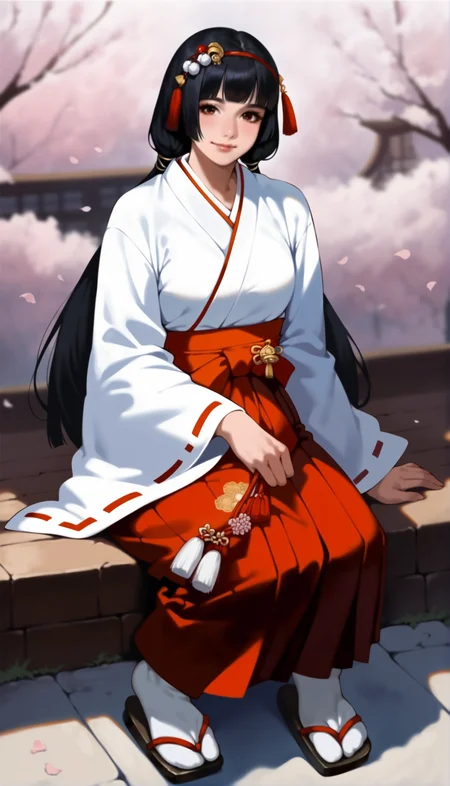 score_9,score_8_up,score_7_up,
<lora:naotoraii:1>,naotora ii,realistic,1girl,solo,
black hair,bangs,blunt bangs,twintails,low twintails,red hair ornament,red hairband,white scrunchie,
miko outfit,red hakama,tabi,zÅri,
brown eyes,looking at viewer,smile,
outdoors,cherry blossoms,japanese style wall,vignetting,blurry background,
sitting,full body,