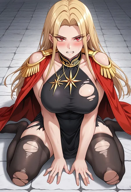 score_9, score_8_up, score_7_up, score_6_up, source_anime, rating_explicit, 1girl, breasts, skirt, thighhighs, solo,1girl, breasts, Victoria,1girl, mature female, (huge breasts:1.3),(military uniform:1.3), red coat, black thighhighs, gloves, red skirtred_cape, blonde_hair, solo, long_hair, cape, dress, clenched_teeth, small_head, yellow_eyes, glaring, looking_at_viewer, angry, stone_floor, teeth, kneeling, (black_dress:1.5), barefoot, covered_navel, covered nipples,sweat, scowl, parted_bangs, thighs, bare_legs, covered_breasts, bangs, sitting, v-shaped_eyebrows, blush, japanese animation, absurdres, toned, black_hair_tie, high contrast, aesthetic, toned, vivid color, muscular, (wide_shoulders:1.2), wide hips, 2d, thighs, beautiful, sexy, black_clothes, cute_face,open_mouth,bangs, (thick_thighs:1.2), (huge_hips:1.2), (large shoulders:1.2), finely detailed beautiful eyes, finely detailed face,delicate facial features, (tall:1.4), small head, beautiful eyes and detailed face,toned,(healthy_body:1.2), (best quality, high quality, masterpiece, hyper detail, detailed face,detailed_eyes,detailed_pupils:1.3), collarbone, (detailed_eyes:1.5) ,(masterpiece:1.7),(high quality:1.7), same_eyes,same_pupils,(clear:1.5), detailed_eyes, collarbone, bangs, detailed_eyes, black_clothes, detailed_arms, amazing quality, (large_shoulders:1.4), wariza, (torn_clothes:1.5), upper body, covered_shoulders, muscle, broken floor, detailed_hands,taut_clothes,epaulettes