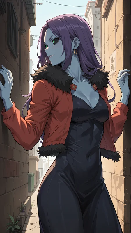 score_9,score_8_up,score_7_up,score_6_up, <lora:xl_more_art-full_v1:0.5>, source_anime, woman, dynamic pose, getting dressed, <lora:Chitose Kizuki (Curious) - Pony-000004:0.8>, blue skin, long hair, purple hair, black eyes, green pupils, red jacket, black fur trim, open jacket, cropped jacket, black dress, long dress, city, back alley, shadows, dark alley, dim lighting, leaning against wall,