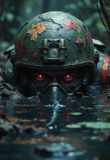 A head of a commando peeking from a swampy pond in a wild jungle, a snake swimming in front of his face, war, stealth, vibrant glow