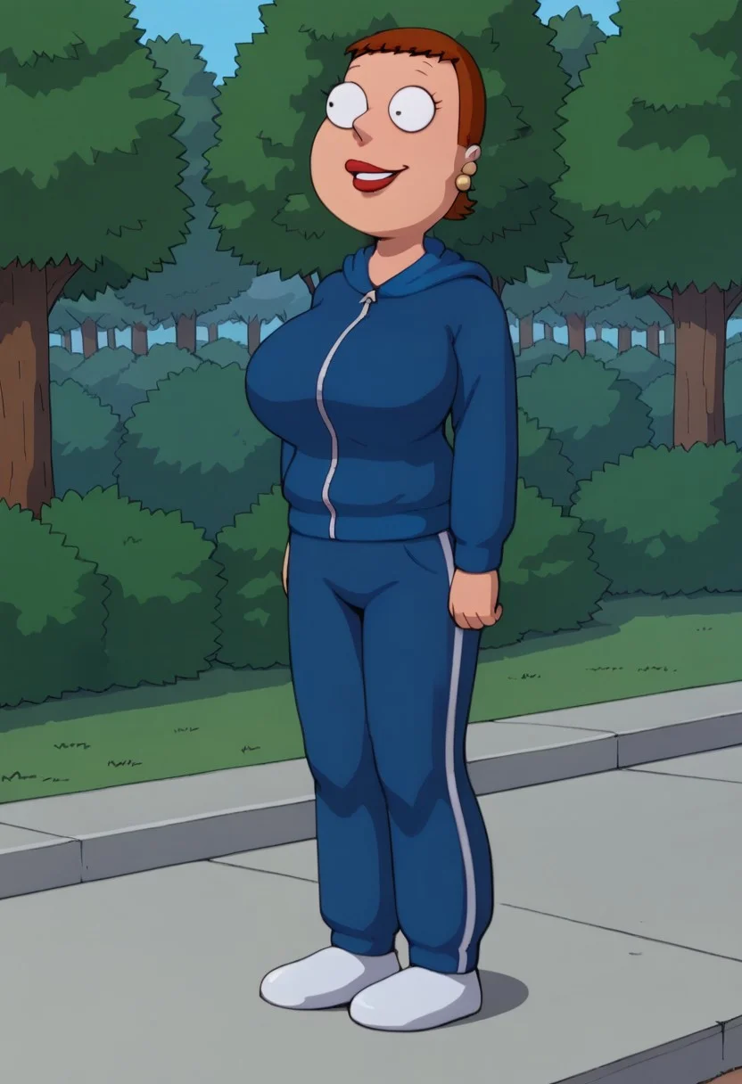 score_9_up, score_8_up, BREAK, high quality, Jennifer, 1girl, solo, brown hair, short hair, black eyes, derp eyes, lipstick, earrings, huge breasts, hips, thighs, hoodie, pants, white footwear, outdoors, forest