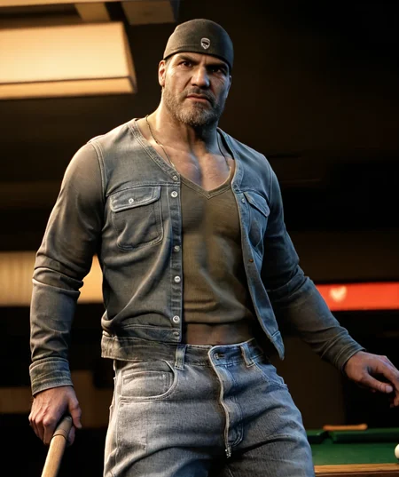 marcus_fenix, (muscular), short pant, denim jacket, looking at viewer, billiard cafe, lamp, crowd background, playing billiard, old, beard, backward cap <lora:Marcus_Fenix:0.8>