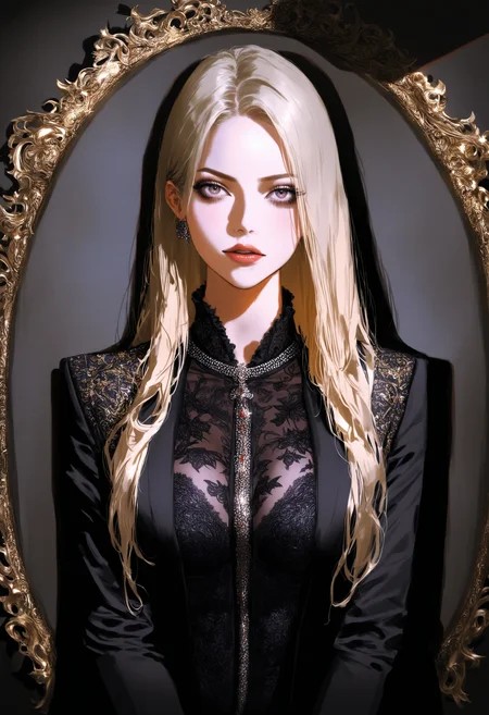 Gothic style masterpiece,high score,great score,absurdres,  ., a woman with blonde hair and a black jacket is staring at the camera with other people in the background [20],, <lora:br3k1ngd0un:1>,(br3k1ngd0un, realistic, Clarice Beckett, international gothic, dark shadows),, closed mouth [2], <lora:Haut3C0t0ur3V01:0.6>, (haut3c0t0ur3v01, style, haut3c0t0ur3, Alexander McQueen, fantastically gaudy),, aurora [1], Luxury, Gold, silver, black, purple . Dark, mysterious, haunting, dramatic, ornate, detailed