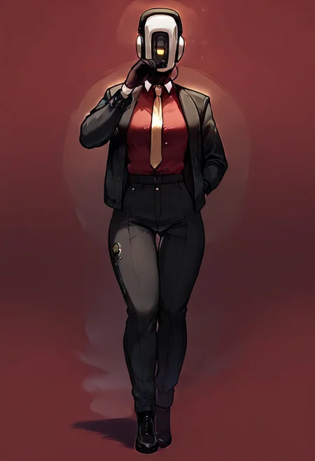 1girl, (masterpiece, best quality, very aesthetic, ultra detailed, ultra-detailed, 4k), score_9, score_8_up, score_7_up, score_6_up, score_5_up, score_4_up, (1girl), (masterpiece, best quality, ultra-detailed), Speaker Woman, humanoid female with a large red speaker for a head, sleek black pinstripe suit, fitted jacket with a tie, long sleeves, form-fitting pants, confident and assertive pose, black gloves, glowing red, vibrant red background, simple lighting, dynamic composition, smooth shading, clean lines, clear focus, full-body view, robot_head_speaker, real human body, robot_head_speaker_woman, Black full body suit elegant with stripes with, Red shirt underneath, robot_head_speaker, red shirt, big headphones, Nyantcha style