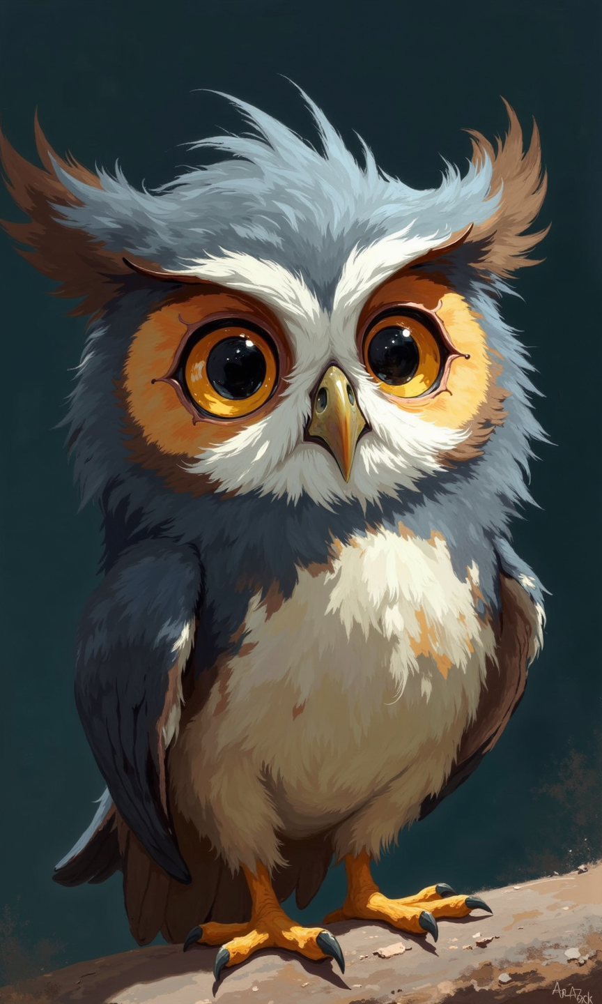 Close-up of a stylized, cartoonish baby owl. 
The owl is presented in a soft, fluffy, almost plush-like style. Its plumage is a mix of dark gray/blue-gray and light brownish-gray tones.  The feathers appear textured and feathery, emphasizing a cuddly appearance. The owl's facial features are particularly expressive, with large, round, bright, light-yellowish-beige eyes that seem unusually large and wide in proportion to the head.  The beak is a muted, light gray-brown color.
The owl has a distinctly fluffy crest of feathers, also a light gray with touches of taupe and tan, that stand out above its head. 
The owl's body is rounded, and its legs and talons are a bright golden-yellow. The talons are relatively long and sharp.
The background is a dark-gray-navy blue, which serves to isolate and highlight the image of the owl. The lighting is focused on the owl, emphasizing its details and creating a soft play of subtle shadows.
<lora:FLUX-daubrez-DB4RZ-v2:1> DB4RZ, DB4RZ style painting