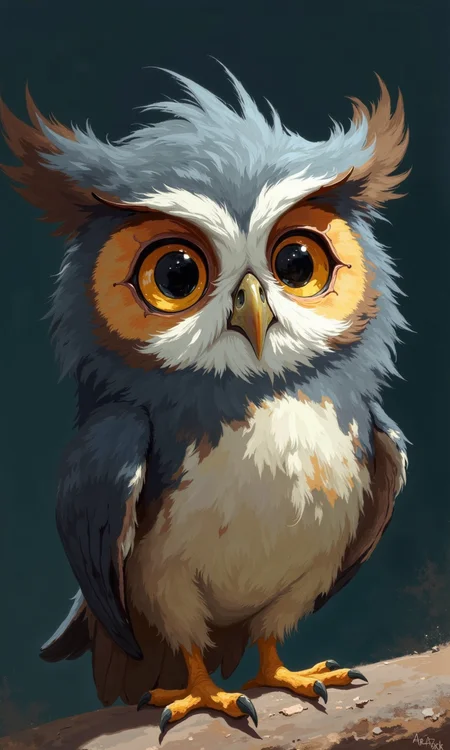Close-up of a stylized, cartoonish baby owl. 
The owl is presented in a soft, fluffy, almost plush-like style. Its plumage is a mix of dark gray/blue-gray and light brownish-gray tones.  The feathers appear textured and feathery, emphasizing a cuddly appearance. The owl's facial features are particularly expressive, with large, round, bright, light-yellowish-beige eyes that seem unusually large and wide in proportion to the head.  The beak is a muted, light gray-brown color.
The owl has a distinctly fluffy crest of feathers, also a light gray with touches of taupe and tan, that stand out above its head. 
The owl's body is rounded, and its legs and talons are a bright golden-yellow. The talons are relatively long and sharp.
The background is a dark-gray-navy blue, which serves to isolate and highlight the image of the owl. The lighting is focused on the owl, emphasizing its details and creating a soft play of subtle shadows.
<lora:FLUX-daubrez-DB4RZ-v2:1> DB4RZ, DB4RZ style painting