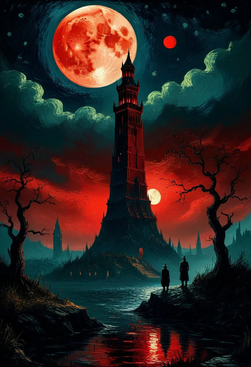 mystic fantasy scene, van gogh style, dark tower, red moon, nighttime, epic fantasy scene, van gogh style, sharp, night, surreal, fantasy, ultra quality, 8k, best quality, masterpiece, detailxl, max details, midjourneyv6.1