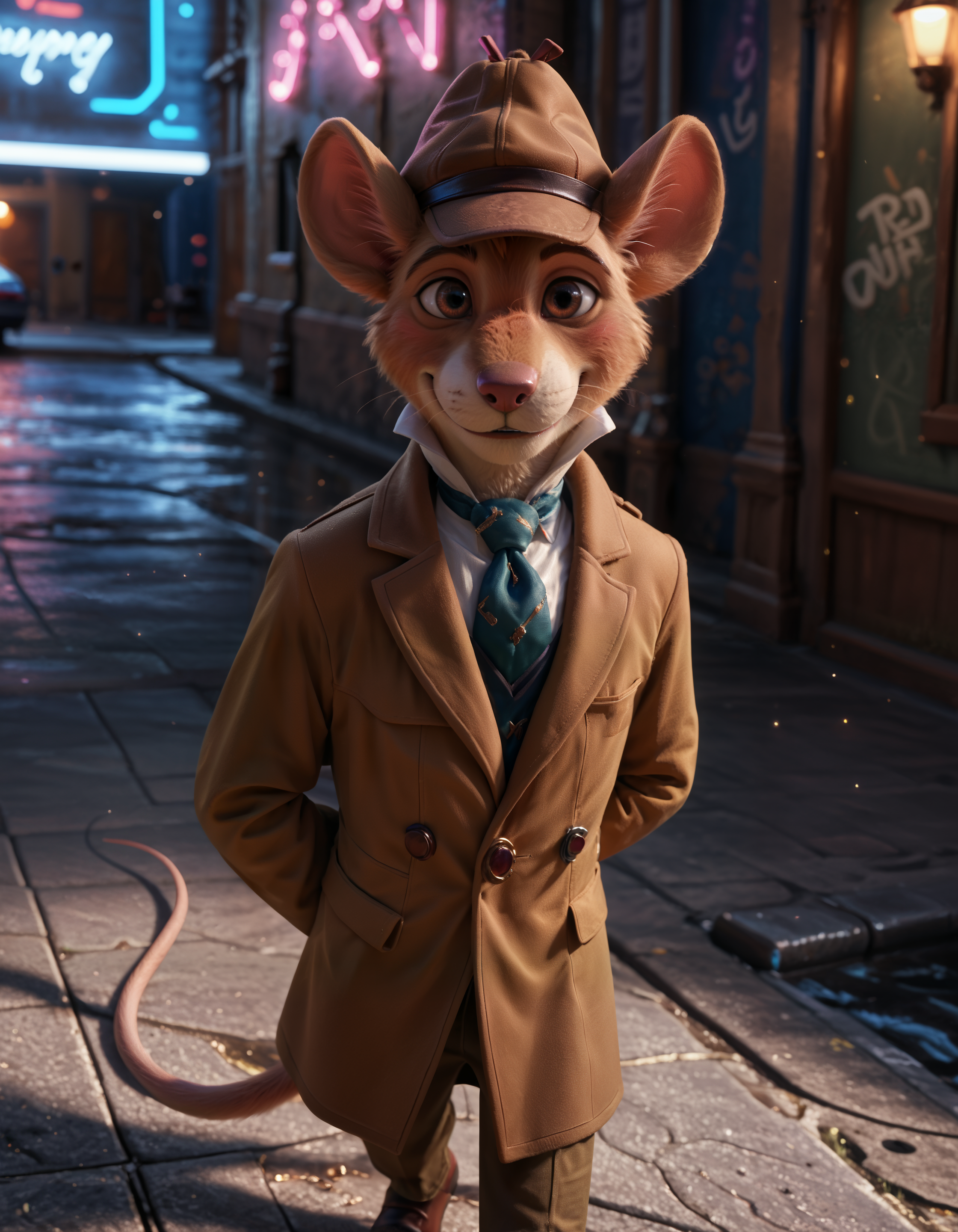 score_9, score_8_up, score_7_up BREAK source_furry, rating_safe, SSAO, detailed, (depth of field:1.1), detailed shadows, ambient occlusion, cinematic lighting, particles, graffiti, ray tracing, reflections, decals, masterpiece, best quality, ultra realistic, detailed eyes, 4k, 2k, film photography, RAW photo, photorealistic, analog style, subsurface scattering, photorealism, detailed eyes, perfect eyes, <lora:add-detail-xl:2.5>, <lora:2.5DRealisticV2.safetensors:0.25>, <lora:sinfully_stylish_SDXL.safetensors:1.0>, <lora:fix_hands.safetensors:2.5>, <lora:AdvancedEnhancerXLv2.safetensors:1.0>, dutch angle, detailed eyes, (detailed background:1.2), anthro, furry,  <lora:Basil_of_Baker_StreetThe_Great_Mouse_Detective:1.0>, basil_gmd, great_mouse_detective, solo, 1boy, male focus, clothed, hat, dark, night, light shining through feathers, looking at viewer, city, outdoor, digitigrade, biped, barefoot, (cyberpunk, neon lights, night time:1.2), upper body, solo, smile, long_sleeves, tail, necktie, shoes, pants, black_eyes, coat, arm_behind_back, walking, blue_necktie, mouse_ears, brown_headwear, furry_male, mouse_tail, brown_pants, brown_coat, mouse, trench_coat, detective,  (from above, stand, full-face blush:1.15)