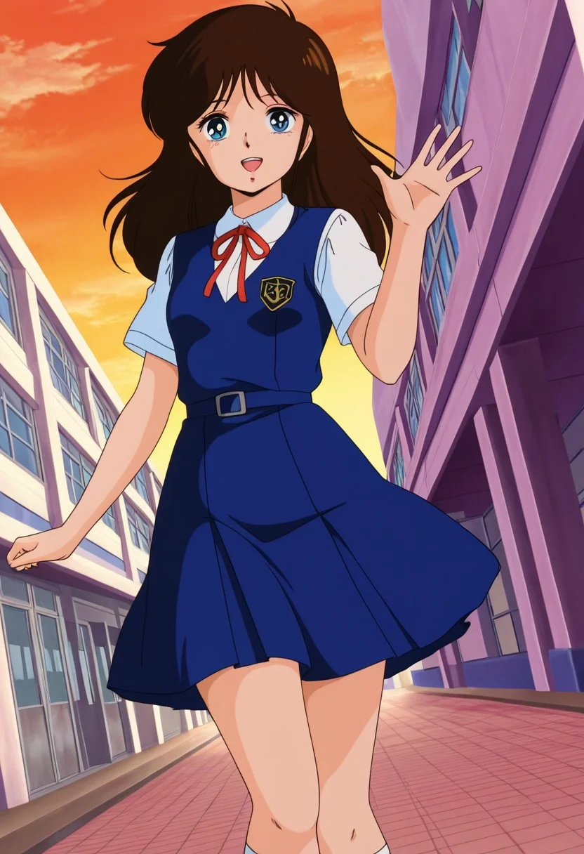 general,highres, ultra-detailed,very aesthetic,best quality ,best hands,best eyes,easynegative,
dynamic anglre, dutch angle, anime cloring,anime screencap,
1girl solo,looking at viewer,school,outdoors,smile,open mouth,waving hand,
Ami Nonomura,brown hair,long hair,blue eyes,small breasts,short body, petite,1980s(style),school uniform,
