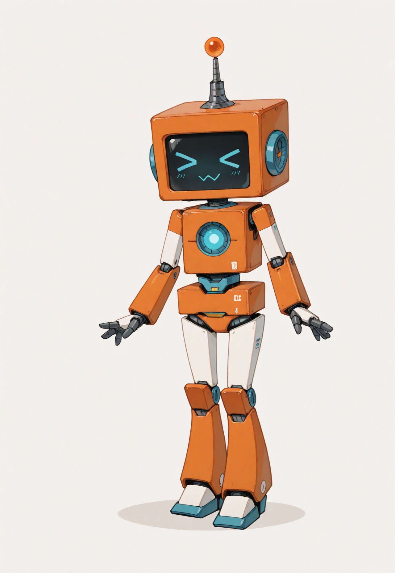 masterpiece, best quality, good quality, very awa, very aesthetic, absurdres, newest,  cute image, orange cute robot, square robot, robot emotions >_<,  design, white just background,