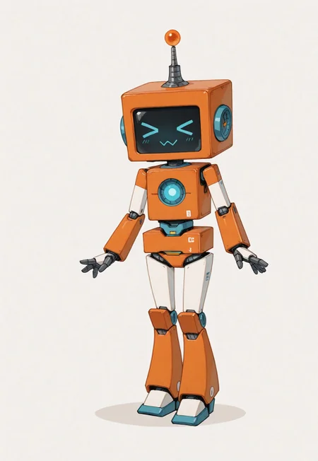 masterpiece, best quality, good quality, very awa, very aesthetic, absurdres, newest, cute image, orange cute robot, square robot, robot emotions >_<, design, white just background,