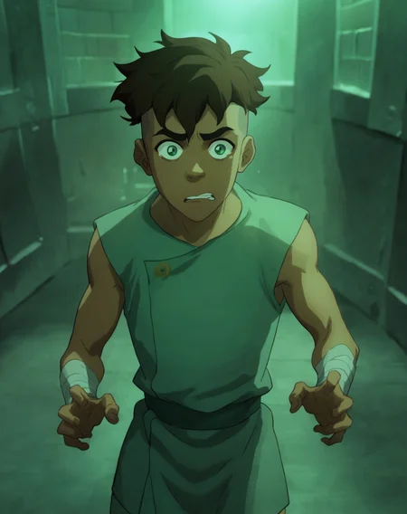 score_9,score_8_up,score_7_up, <lora:Kai:0.8>, 1boy, solo, Kai, brown hair, undercut, green eyes, dark skin, jail clothing, sleeveless shirt, bandages, scared, looking at viewer, indoors, caged, official art, official style,