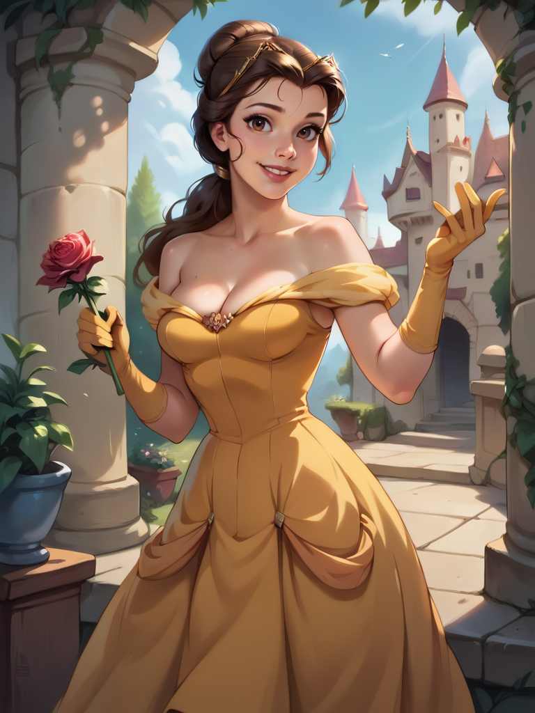 score_9, score_8_up, score_7_up, score_6_up, 1girl holding a rose in the middle of garden, castle in the background, makeup, yellow dress, bare shoulders, cleavage, gloves, hair bun, long hair, tiara, curvy, medium breasts, narrow waist, wide hips, thick thighs, looking at viewer, dynamic angle, cowboy shot, cartoon, dynamic pose, smile, cute, wide shot, realistic, from side, dress lift, 
<lora:BelleXLP_Character:1>BelleXLP  <lora:Realistic_2.5DAnime_Merge1:0.5>