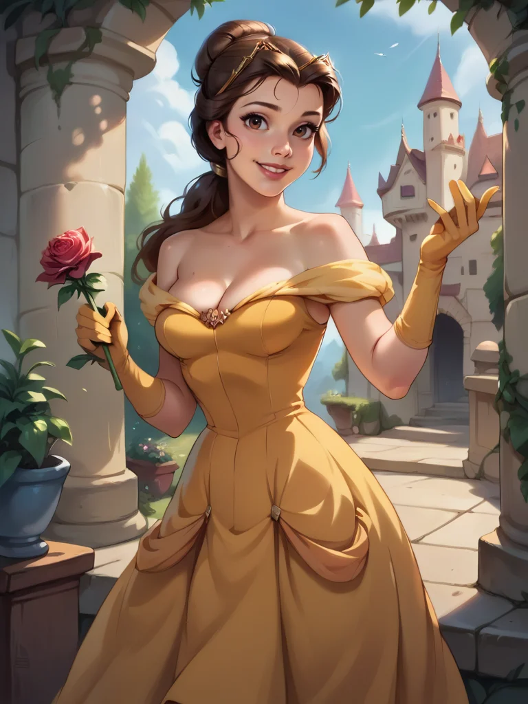 score_9, score_8_up, score_7_up, score_6_up, 1girl holding a rose in the middle of garden, castle in the background, makeup, yellow dress, bare shoulders, cleavage, gloves, hair bun, long hair, tiara, curvy, medium breasts, narrow waist, wide hips, thick thighs, looking at viewer, dynamic angle, cowboy shot, cartoon, dynamic pose, smile, cute, wide shot, realistic, from side, dress lift, 
<lora:BelleXLP_Character:1>BelleXLP  <lora:Realistic_2.5DAnime_Merge1:0.5>