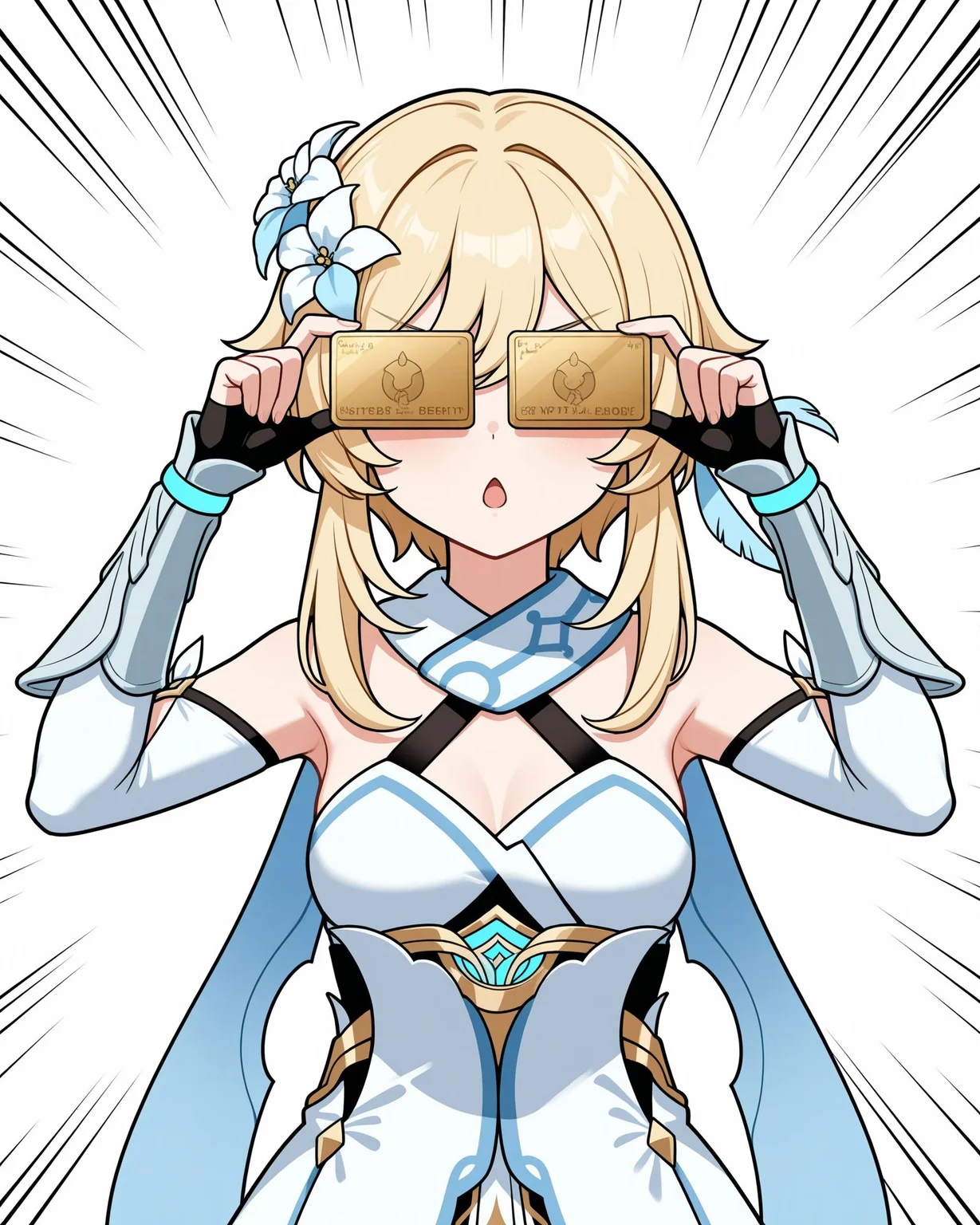 masterpiece, best quality, amazing quality, very aesthetic, absurdres, newest,
general,
cowboy shot, upper body, 1girl, lumine \(genshin impact\), genshin impact, (solo,:1.1) straight-on, covered eyes, adjusting eyewear, gold credit card, chestnut mouth, open mouth, <lora:cardew v2:1> cardew, v-shaped eyebrows, emphasis lines, (white background,:1.2) simple background, negative space,