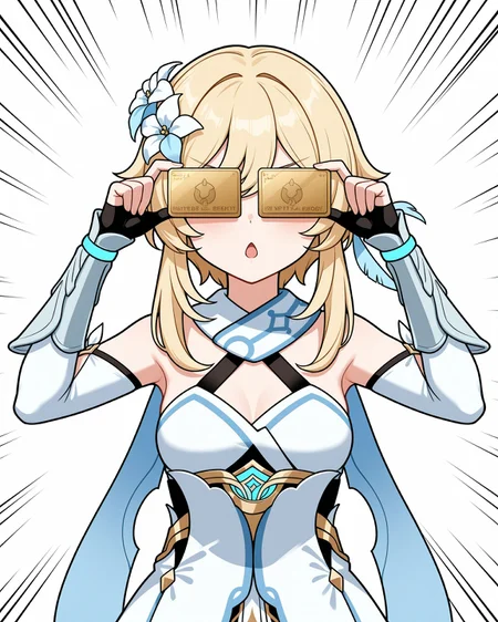 masterpiece, best quality, amazing quality, very aesthetic, absurdres, newest,
general,
cowboy shot, upper body, 1girl, lumine \(genshin impact\), genshin impact, (solo,:1.1) straight-on, covered eyes, adjusting eyewear, gold credit card, chestnut mouth, open mouth, <lora:cardew v2:1> cardew, v-shaped eyebrows, emphasis lines, (white background,:1.2) simple background, negative space,
