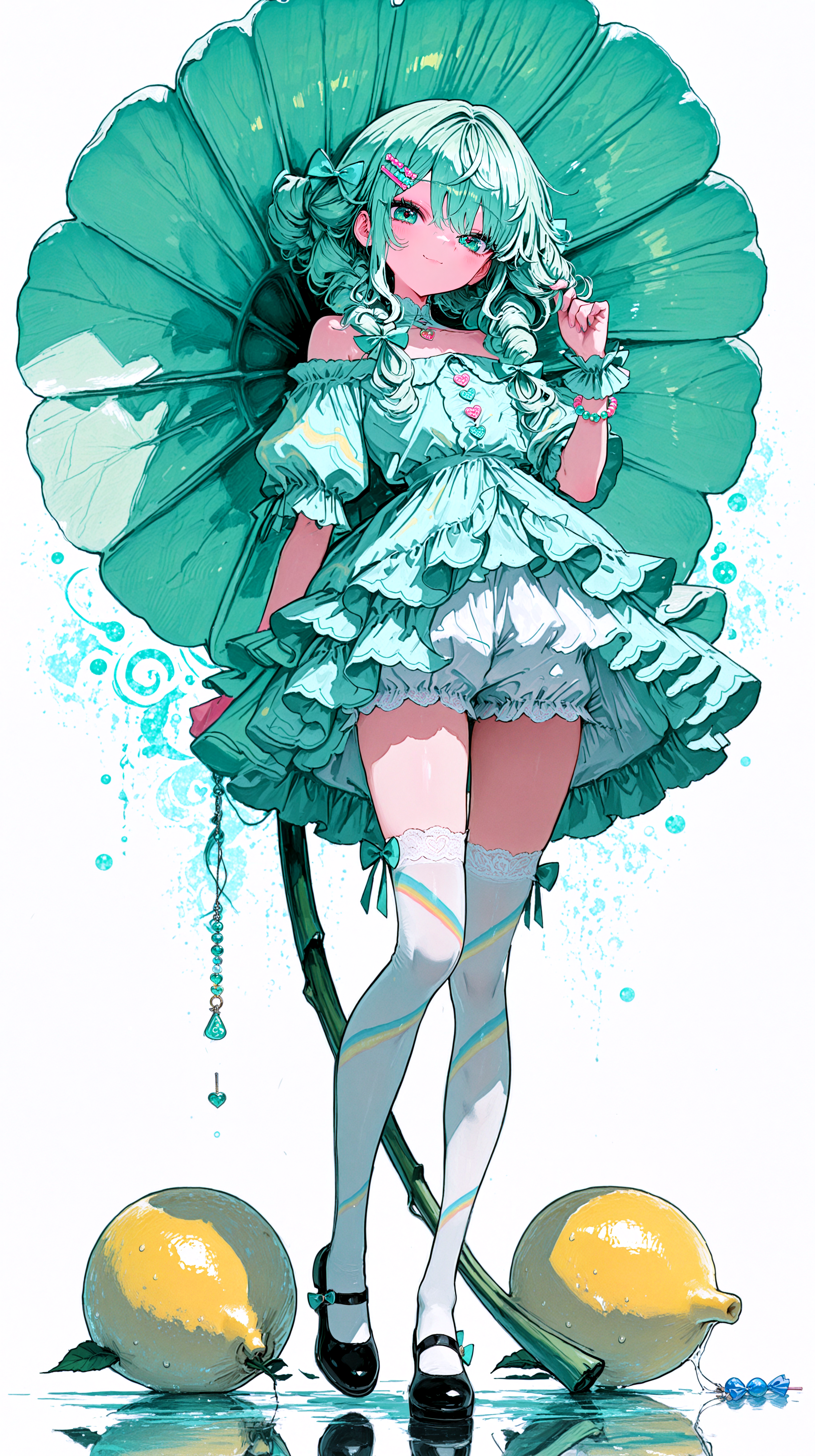 masterpiece, newest,absurdres,incredibly absurdres, best quality, amazing quality, very aesthetic, UHD, 8k, simple white background,
1girl, twirling, arms slightly lifted, joyful expression, long mint green hair in loose corkscrew curls, oversized flower hair clips in pastel tones, puffy off-shoulder blouse with candy stripe pattern and frilled cuffs, layered skirt with transparent ruffles in pink, aqua and lemon hues, visible bloomers with lace trim underneath, candy-shaped buttons, thighhigh socks with rainbow gradients and tiny bows, glossy mary janes with heart buckles, beaded bracelets and charm rings, cheerful and sparkly,
 <lora:sh1un_style:1> Shiun_(siun_5513), abstract background, abstract <lora:Lifeline_Illu_Edition:1> LL-Illu