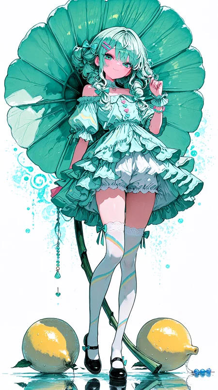 masterpiece, newest,absurdres,incredibly absurdres, best quality, amazing quality, very aesthetic, UHD, 8k, simple white background,
1girl, twirling, arms slightly lifted, joyful expression, long mint green hair in loose corkscrew curls, oversized flower hair clips in pastel tones, puffy off-shoulder blouse with candy stripe pattern and frilled cuffs, layered skirt with transparent ruffles in pink, aqua and lemon hues, visible bloomers with lace trim underneath, candy-shaped buttons, thighhigh socks with rainbow gradients and tiny bows, glossy mary janes with heart buckles, beaded bracelets and charm rings, cheerful and sparkly,
 <lora:sh1un_style:1> Shiun_(siun_5513), abstract background, abstract <lora:Lifeline_Illu_Edition:1> LL-Illu