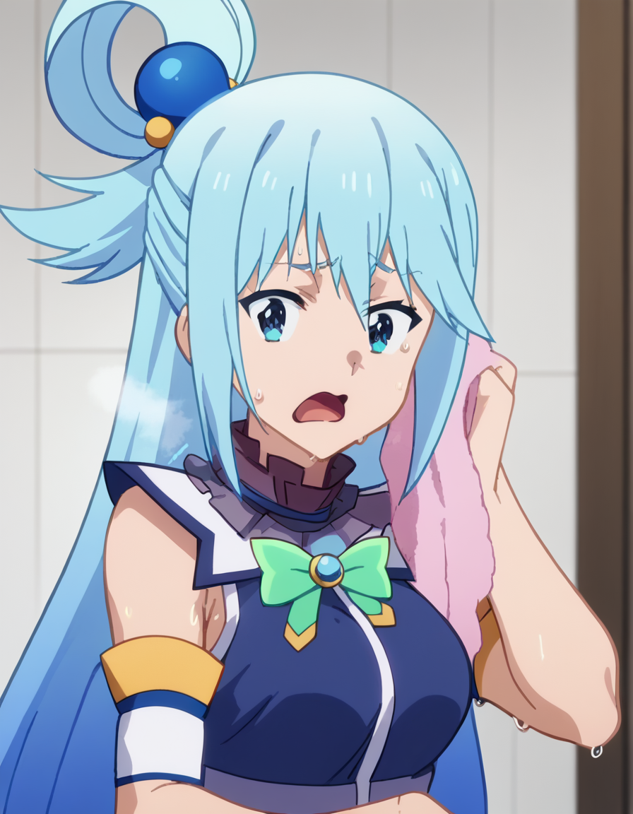 score_9, score_8_up, score_7_up, source_anime, <lora:konosuba-aqua-s2-ponyxl-lora-nochekaiser:1>, aqua (konosuba), long hair, blue eyes, hair ornament, very long hair, blue hair, hair rings, single hair ring, hair bobbles, medium breasts, anime screencap, <lora:wiping-towel-ponyxl-lora-nochekaiser:1> wiping sweat, towel, holding, sweat, holding towel, looking at viewer, open mouth, sports bra, yoga pants, steam, gym,, , cowboy shot, solo