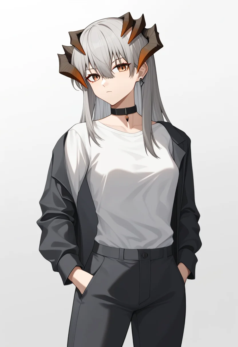 score_9,score_8_up,score_7_up,<lora:arknights_all_v4:1>,1girl, absurdres, alternate_costume, black_choker, black_jacket, black_pants, brown_eyes, casual, commentary, cowboy_shot, gradient_background, grey_background, grey_hair, hair_between_eyes, hand_in_pocket, highres, horns, long_hair, long_sleeves, looking_at_viewer, saria_\(arknights\), small_breasts, solo, standing, stud_earrings, white_background, white_shirt