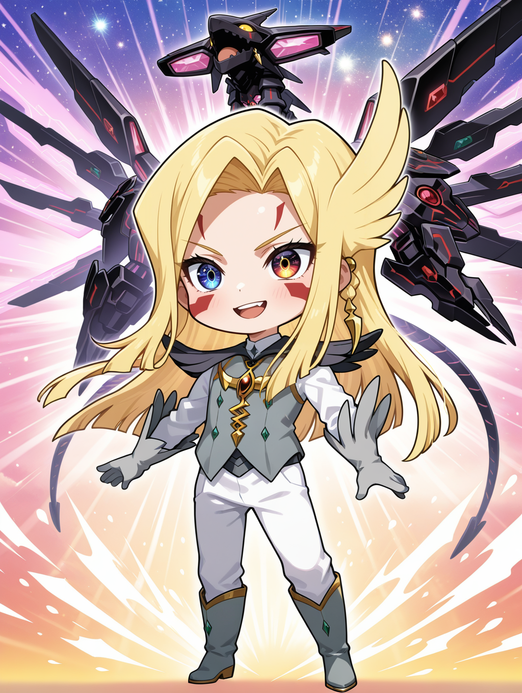 mizael,chibi,1boy,heterochromia,smile,male focus,open mouth,grey vest,grey gloves,white pants,grey boots,solo,facial tattoo,1other,black mecha dragon,galaxy-eyes tachyon dragon,full body,gold hair ornament,no hands,
masterpiece,best quality,amazing quality,very aesthetic,absurdres,newest,<lora:Galaxy-Eyes Tachyon Dragon illuXL v1:0.82>,