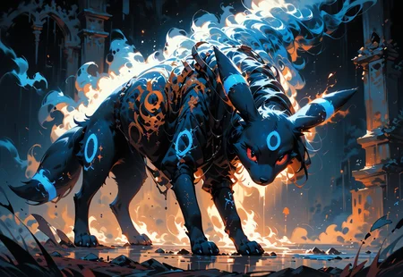 score_9, score_8_up, score_7_up, masterpiece, best quality, newest, absurdres, highres, oil painting,
umbreon, stance, feral,blue glowing tattoo, raised leg, rimlighting, fur
gloomy colors, dark aura, horror, dark magic, duel, magical duel,