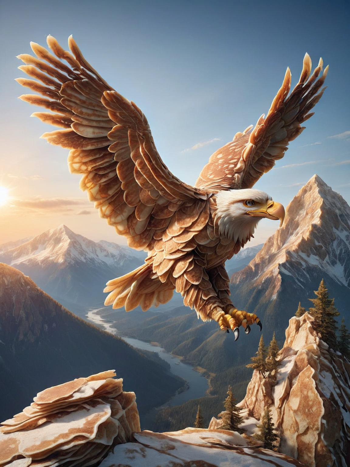 An ais-pncks eagle soaring high above a mountain range, with the sun setting in the background <lora:ais-pncks-sdxl:1>