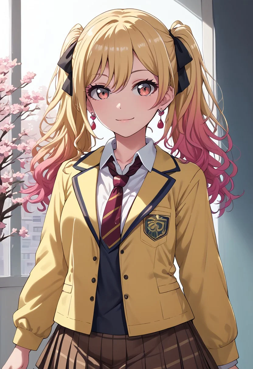 score_9_up, score_8_up, score_7_up,score_6_up, score_5_up, score_4_up , 1girl, solo, twoheads, 2heads, conjoined, ((2 different hairstyles, twintail, ponytail)), ((SPLIT-COLOR HAIR)), ((blonde hair)), ((brown hair)), lisaimai, long hair, ponytail, grey eyes, earrings, school uniform, striped necktie, brown necktie, collared shirt, grey jacket, long sleeves, plaid skirt, pleated skirt,short skirt, brown skirt, saki, blonde hair, long hair, pink hair, gradient hair, red eyes, 1girl, solo, bangs, hair between eyes, collarbone, collared shirt, yellow jacket, red necktie, loose nectie, white shirt, striped necktie, black thighhighs, black skirt, miniskirt, layered skirt, black ribbon, zettai ryouiki, saki_unit, flirting, cowboy shot, cherry blossom background