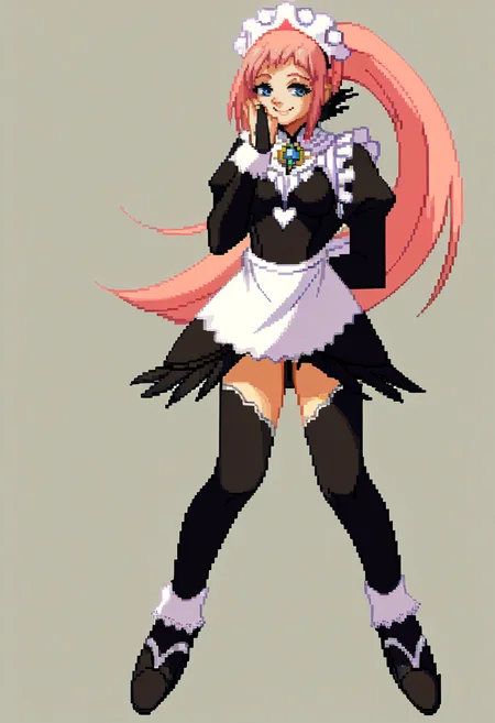 score_9, score_8_up, score_7_up, source_anime, BREAK, solo, 1girl, smile, looking at viewer, <lora:Guilty-Gear-SpritesV2-pdxl_Fp:1>, simple background, full body, pixel art, standing, <lora:felicia-fe-richy-v2_pdxl:0.8>, flcdf, blue eyes, pink hair, long hair, ponytail, maid headdress, black feathered collar, blue brooch, breasts, maid, juliet sleeves, maid apron, bridal gauntlets, black thighhighs,
