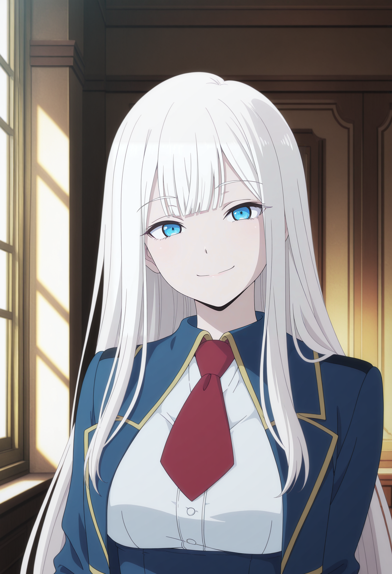 1girl,solo,mm,mature female,long hair,white hair,blue eyes,bangs,anime coloring,
red necktie,shirt,blue jacket,upper body, looking at viewer, smile,indoors
,masterpiece,best quality,amazing quality,<lora:Elena_Kimberlite-Kinsou_no_Vermeil:0.8>