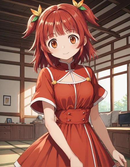 score_9, score_8_up, source_anime, 1girl, upper body, medium shot, detailed, mgrckaedeakino, red hair, two side up, yellow hairclips, orange eyes, red dress, dynamic pose, indoors, smiling, <lora:mgrckaedeakino_XL:0.9>
