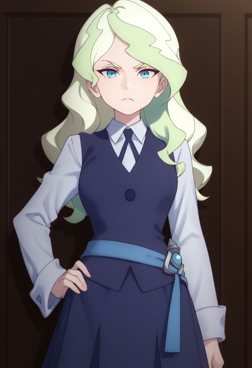 score_9, score_8_up, score_7_up, source_anime, highly detailed, 
diana, 1girl, solo, blue eyes, school uniform, long hair, luna nova school uniform, blonde hair, looking at viewer, skirt, light green hair, hand on hip, multicolored hair, long sleeves, shirt, two-tone hair, white shirt, frown, upper body
outdoor,