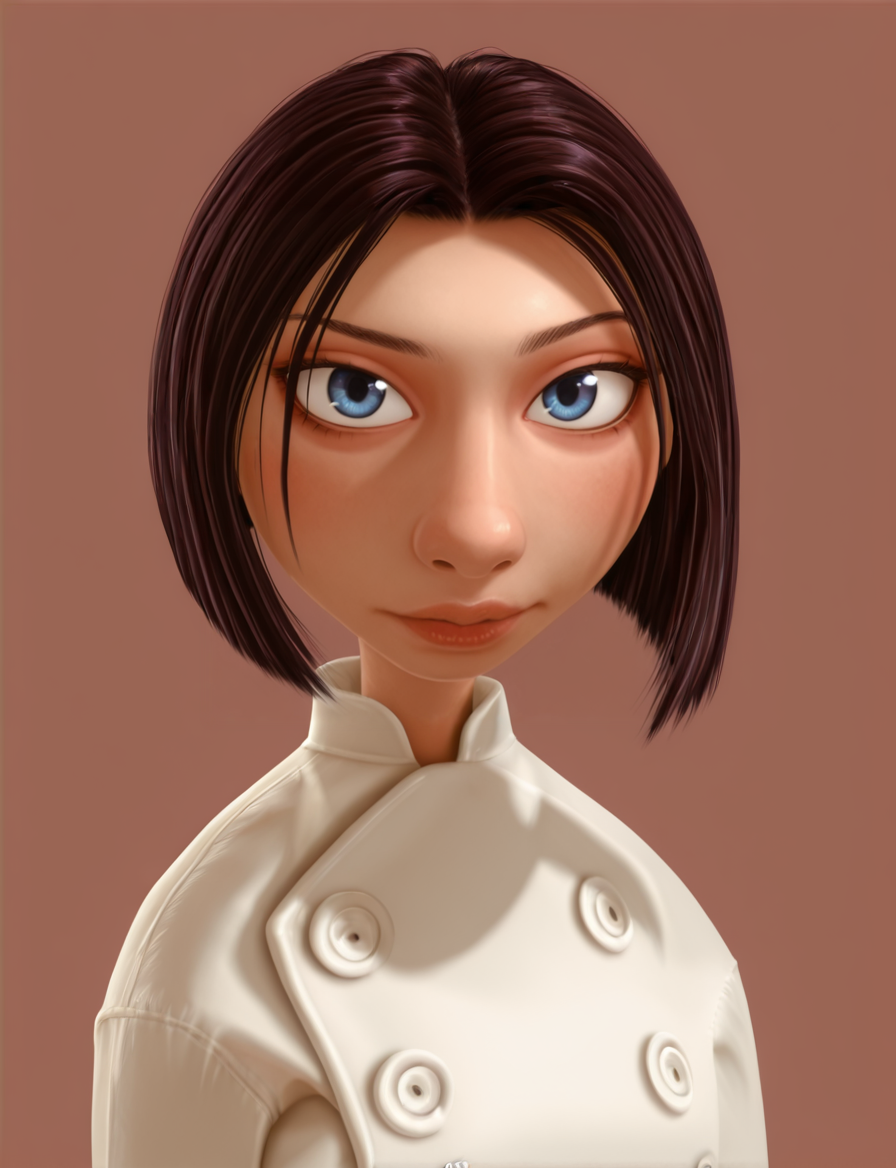 <lora:ColetteIllustrious1.0JLFO:1> colette, 1girl, 3d, short hair, black hair, chef,blue eyes,  solo,lips, bob cut,  looking at viewer,upper body,portrait, looking at viewer,simple background,