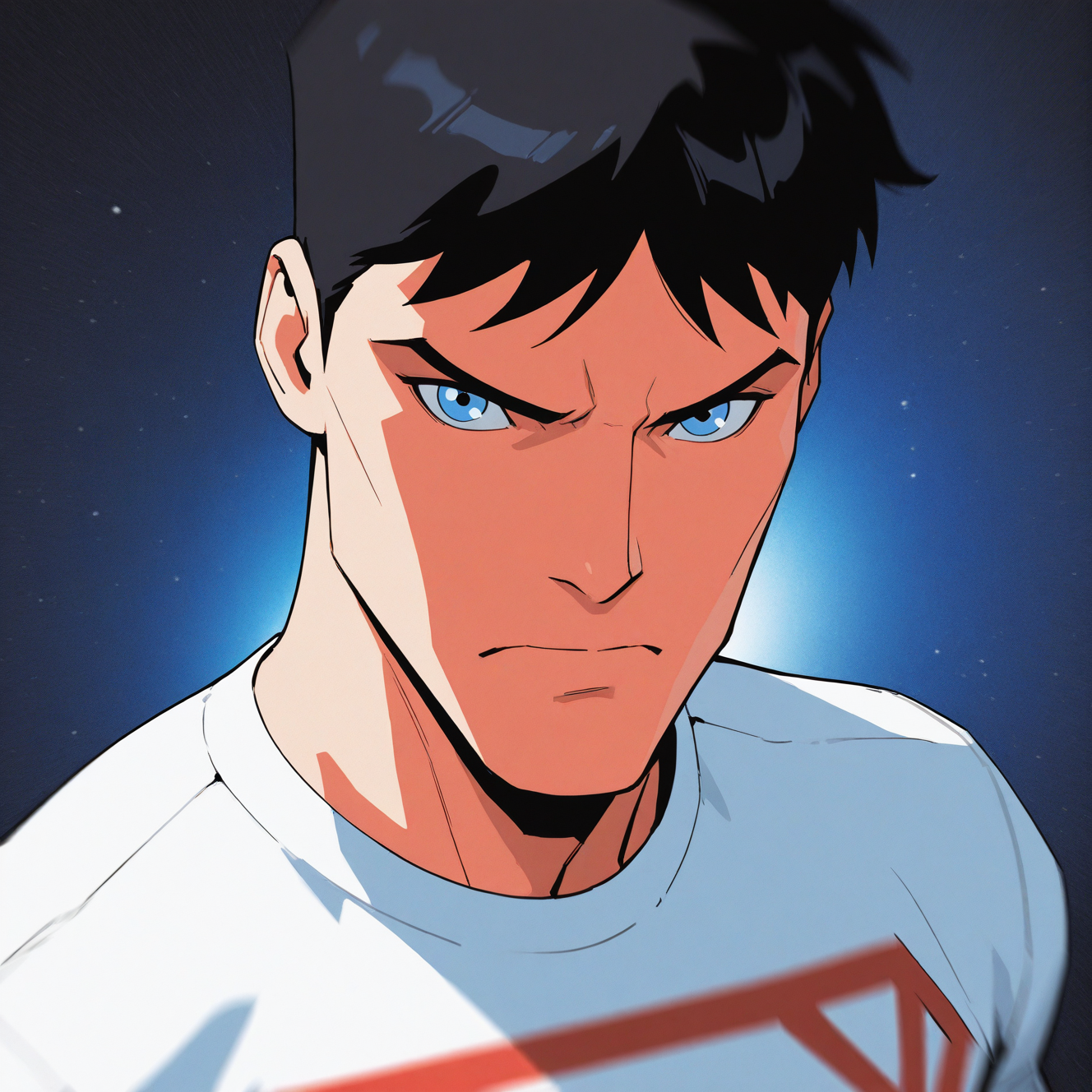 <lora:CONNER_KENT:1> conner, solo, looking at viewer, short hair, blue eyes, shirt, black hair, 1boy, closed mouth, white shirt, male focus, v-shaped eyebrows, frown, portrait, serious, retro artstyle, space, upper body, print shirt, dynamic view, detailed background, motion blur, film grain, abstract, natural lighting, fantasy, cinematic, dynamic view, very awa, masterpiece, best quality, absurdres, newest, perfect quality, detailed background, intricate details, (artist:fl \(l-fl\):0.7), (artist:tooboshoo:0.7), (artist:dizdoodz:0.8)