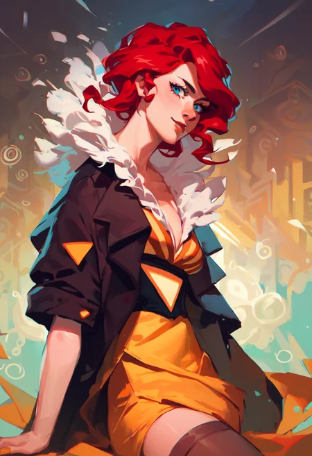 score_9, score_8_up, score_7_up, best quality, highres, 80s anime style, solo, 1girl, red hair, blue eye, Red, transistor, dress, jacket, stockings, upper body, looking at viewer, <lora:Red_Transistor:1>