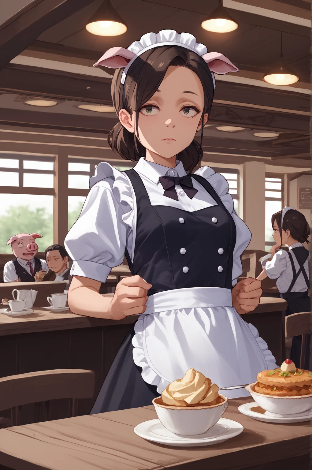 score_9, score_8_up, score_7_up, score_6_up, score_5_up, score_4_up, (high quality, detailed, beautiful) <lora:Manager_epoch_8:0.99> yasuko_yaegashi, small_breasts, maid, cafe, fake_animal_ears, pig_ears,
