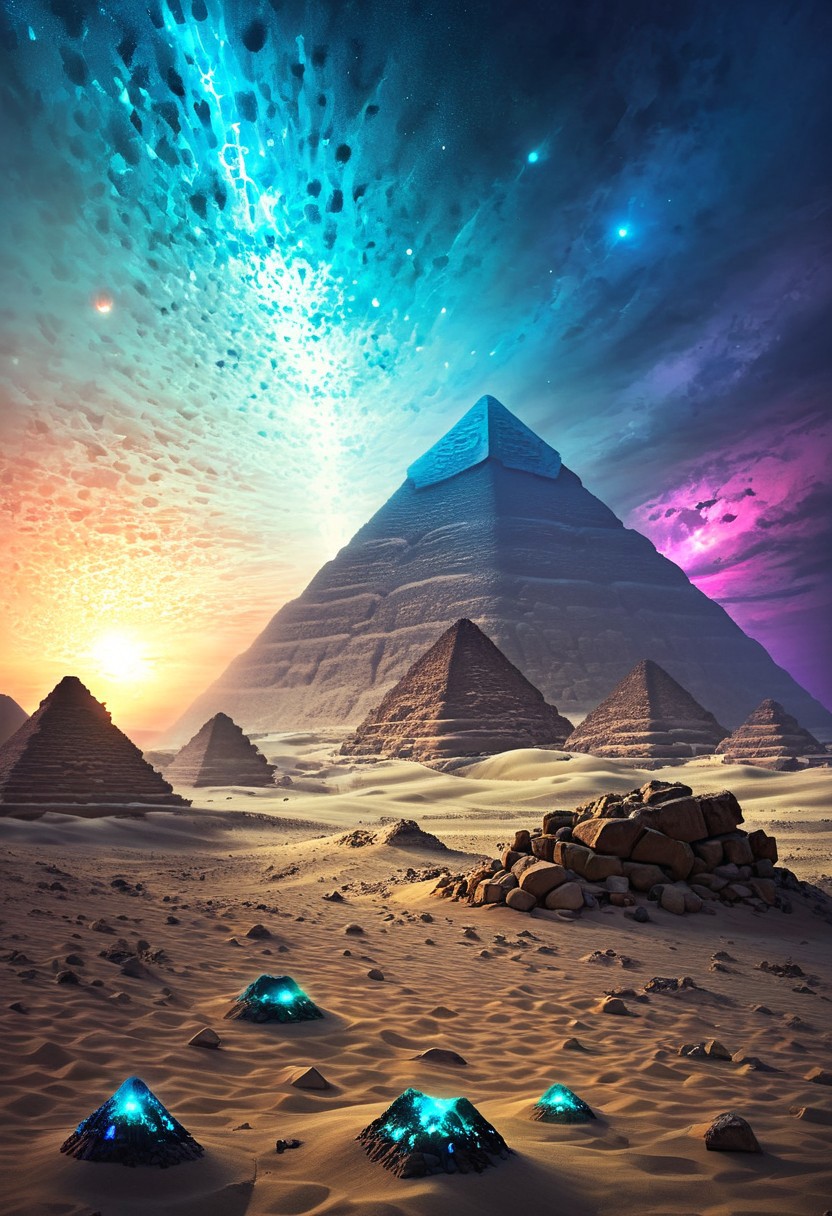 (by Ellen Jewett:1.5), (Bioluminescent Impressionism, Egyptian landscape, The Dreamland, Egyptian desert, sand, rock, great pyramids, fine pyramids, smooth pyramids, techno pyramids with great beams of light shooting up into the sky,  sky sunset, sunrise ,waterfall, ethereal landscapes, depth of field, biotech emotion:1.3) <lora:xl_more_art-full_v1:0.5> <lora:add-detail-xl:1> <lora:RMSDXL_Creative:2>