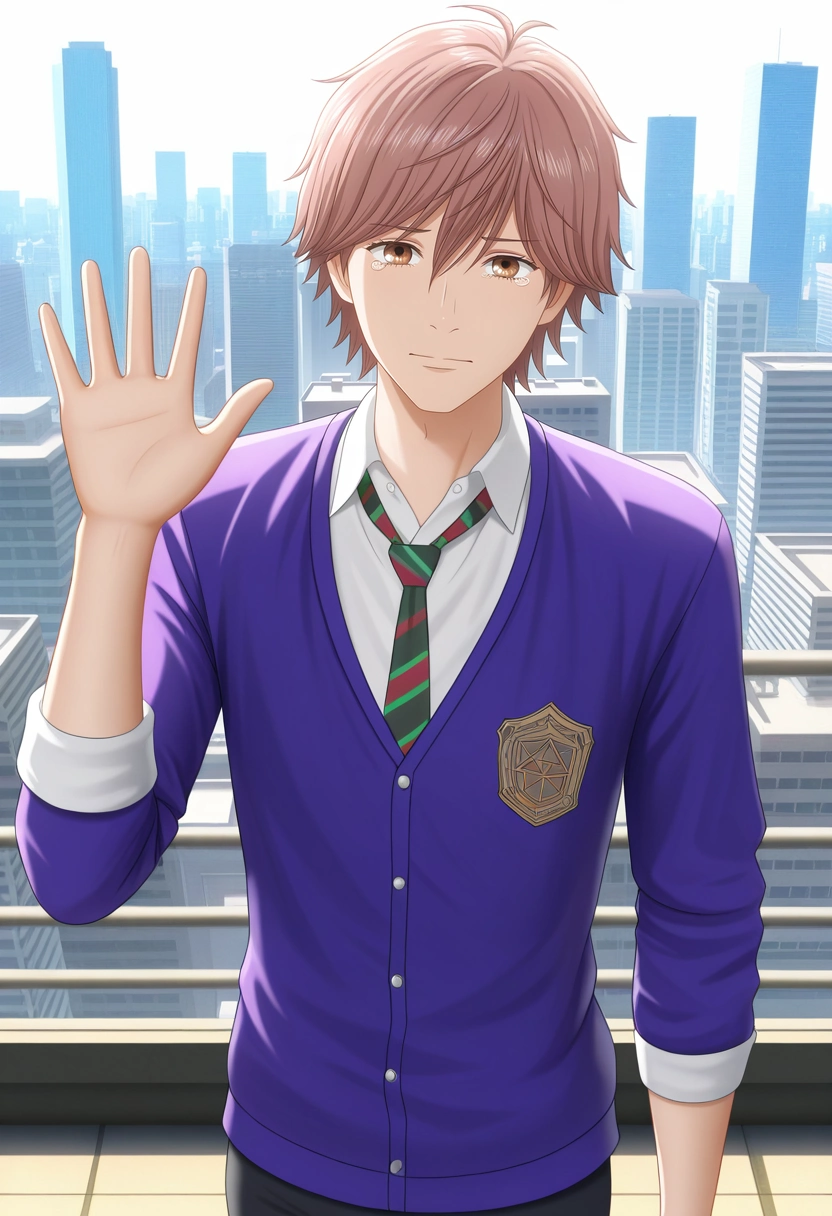 masterpiece, best quality, intricate details, (3d:0.4), looking at viewer, 1boy, solo, male focus, <lora:taichi_mashima_ilxl:1>, taichi_mashima, brown hair, brown eyes, short hair, bangs, hair between eyes, white shirt, collared shirt, striped necktie, cowboy shot, rooftop, tokyo \(city\), building, skyscraper, light, waving, tearing up, jester costume