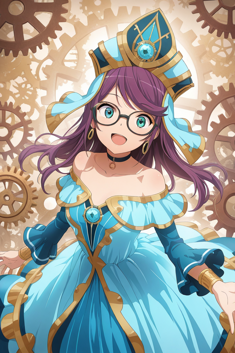 masterpiece, best quality, amazing quality,
 <lora:Junna_IL:1> junna, 1girl, green eyes, gears, dress, glasses, blue dress, long hair, solo, smile, blue eyes, open mouth, choker, purple hair, collarbone, hat, bare shoulders