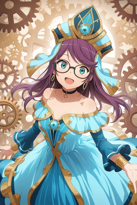 masterpiece, best quality, amazing quality,
 <lora:Junna_IL:1> junna, 1girl, green eyes, gears, dress, glasses, blue dress, long hair, solo, smile, blue eyes, open mouth, choker, purple hair, collarbone, hat, bare shoulders