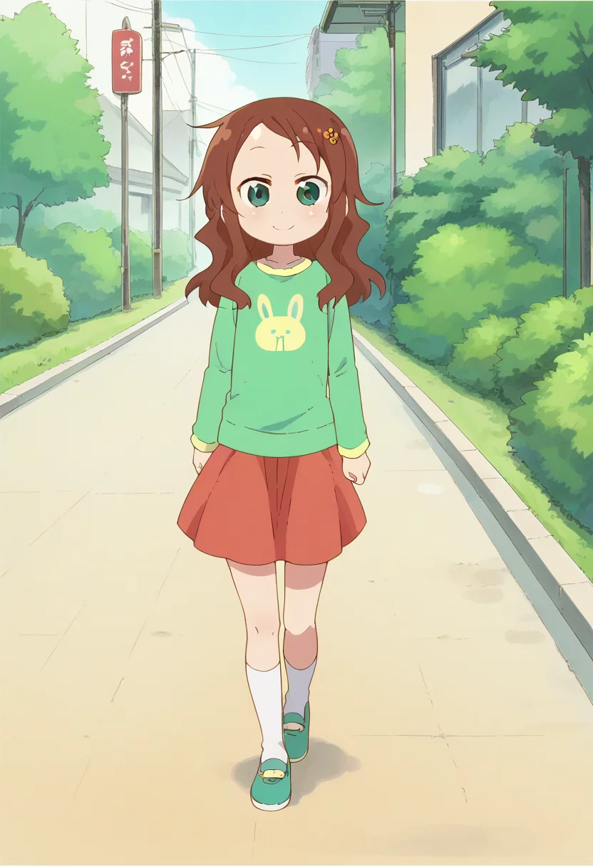 1girl, solo, rikos, saicas, long hair, green eyes, brown hair, hair ornament, hairclip, hair flower, red skirt, animal print, green shirt, white socks, green shoes, <lora:PonyXL Riko Saikawa:1>, score_9, score_8_up, score_7_up, score_6_up, score_5_up, score_4_up , anime coloring ,BREAK source_anime, anime,
looking at viewer, smile,
outdoors, neighborhood, walking down the street,