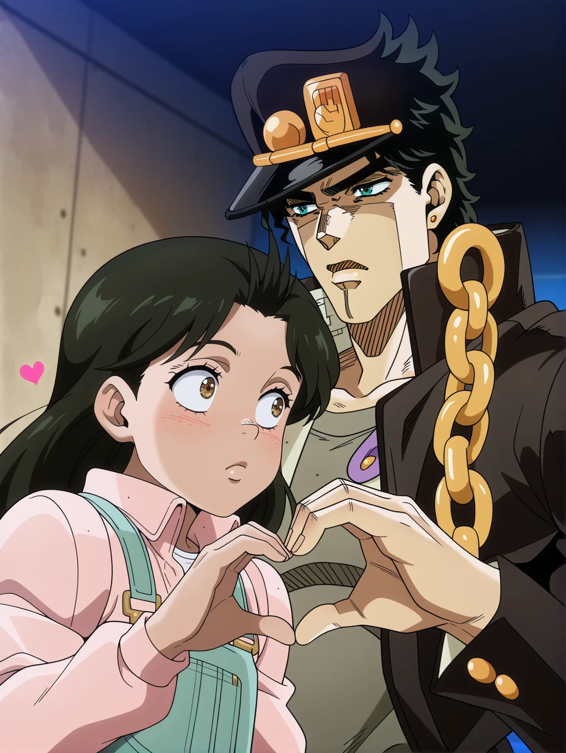 masterpiece, best quality, amazing quality, absurdres, newest, dynamic_angle, defined facial features, anime coloring, anime screencap, heart,
 <lora:Anne_Merlai_IL1.1v0:1> merlai anne, pink shirt, green overalls, white undershirt, side-by-side, heart hands duo, BREAK 1boy, kujo jotaro, side-by-side, heart hands duo, size difference,